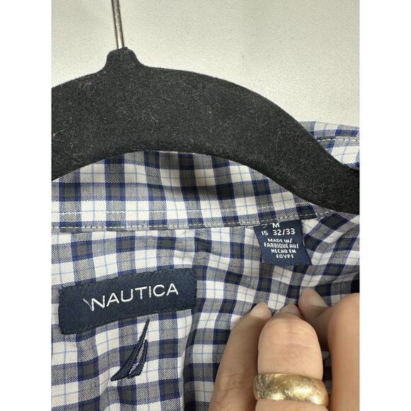 Nautica Dark Blue Plaid Stretch Button Up Dress Shirt Mens 15 32/33 M Adj Collar - Picture 8 of 8